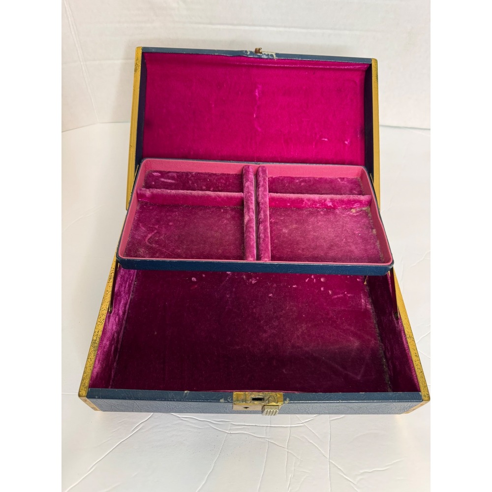Vintage Farrington Jewelry Box Mid Century Blue Pink Velvet Two Tier 1950s 1960s - Picture 7 of 12
